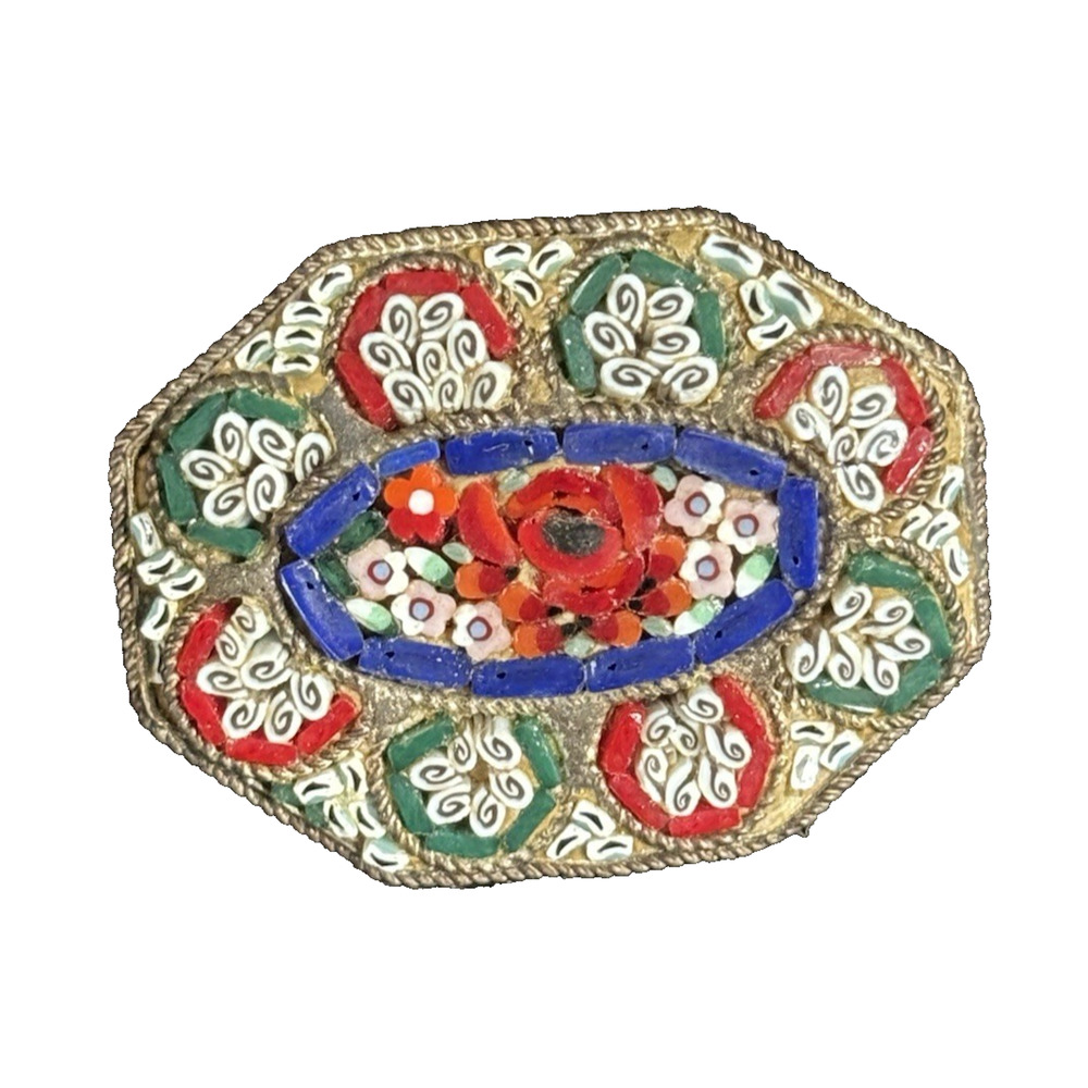 Vintage Italian Micromosaic Floral Brooch Hexagon Ornate Made in Italy MCM Glass